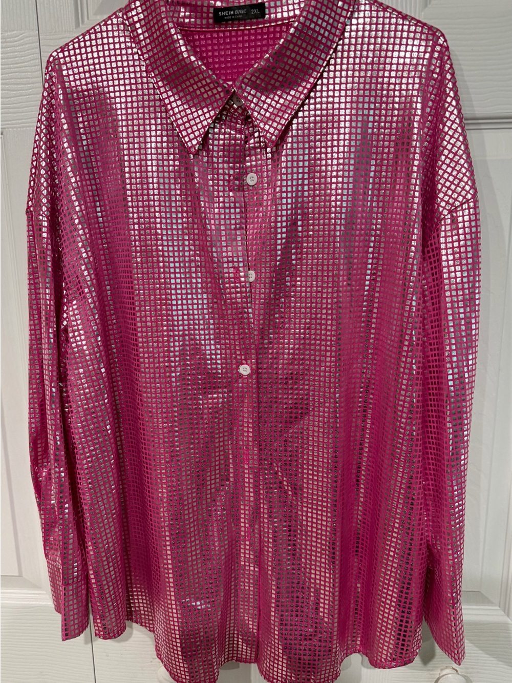 SHEIN Women’s Metallic Hot Pink Grid Button Down Shirt